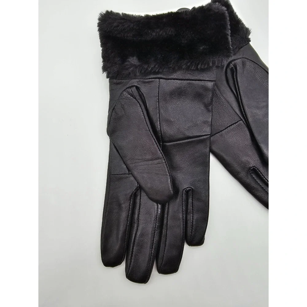 NYA Womens Black Genuine Leather Winter Gloves Faux Fur Trim Warm Size M/L NWT